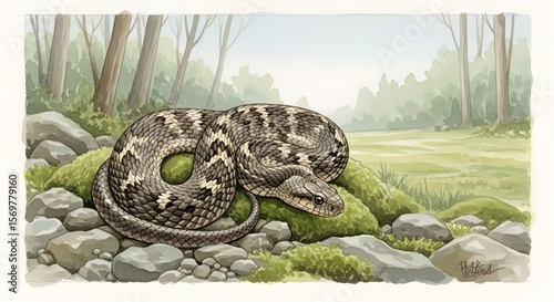 Detailed illustration of a coiled timber rattlesnake basking on mossy rocks, set against a serene forest backdrop showcasing wildlife and nature.
