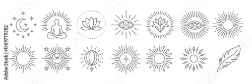 Mystical Line Art Icons, Moon, Meditating Figure, Lotus, Feather with Rays, Transparent