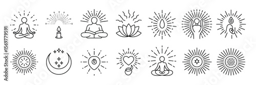 Mystical Line Art Symbols Collection, Spiritual Aura Isolated on White Background