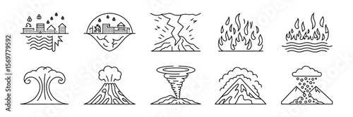 Natural Disaster Icons Line Set; Earthquake, Fire, Lightning, Flood, Tornado, Hail