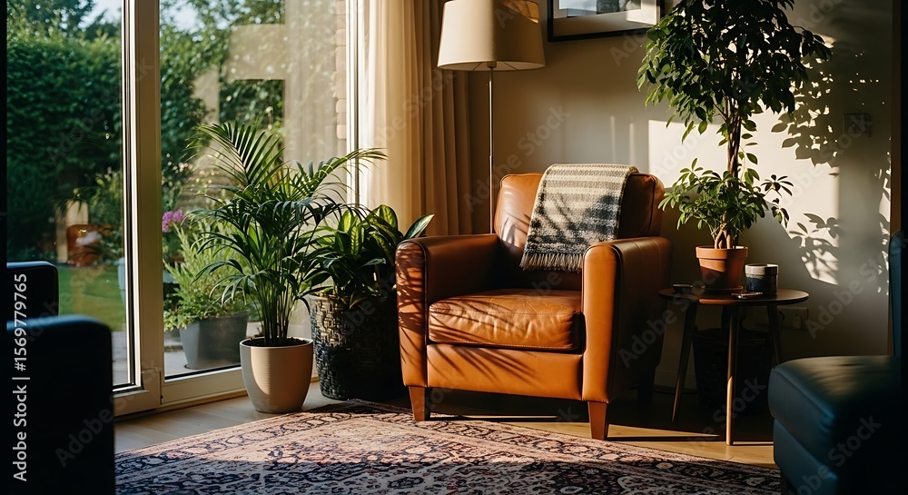 Fototapeta premium Cozy Sunlit Living Room with Leather Chair and Indoor Plants