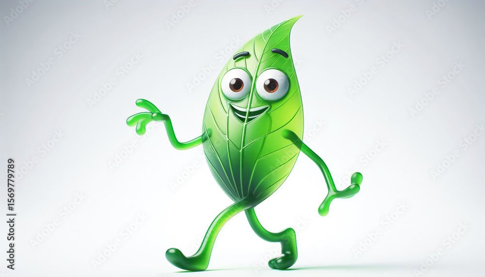Obraz premium Illustration of a 3D cute clumsy green leaf cartoon 