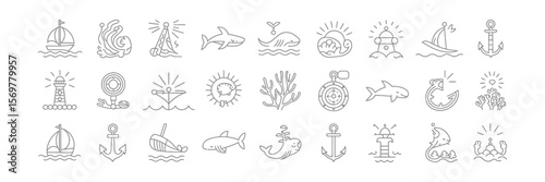 Nautical Line Icons Set With Anchor, Lighthouse, Ship and Sea Animals Isolated