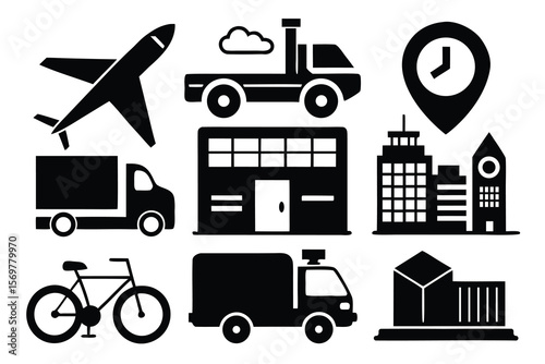 City Logistics and Transportation Icons with Warehouse and Bicycle