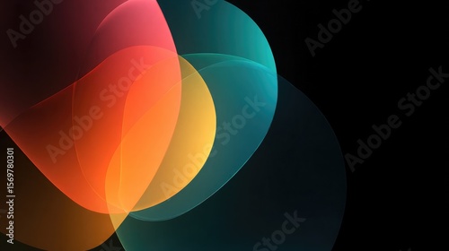 Abstract vector design with overlapping translucent shapes and bright color blends against rich black