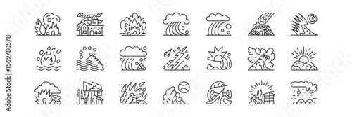 Outline Icons Set Depicting Various Natural Disaster and Environmental Phenomena