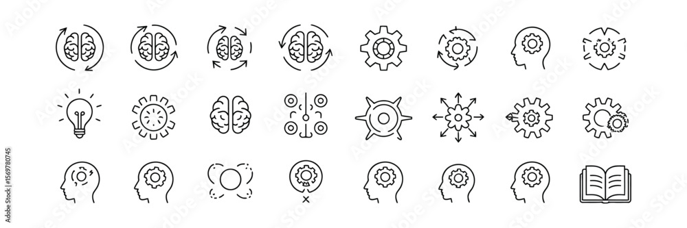 Outline Icons Set Featuring Gears, Lightbulb, Brain, Head, And Book On White