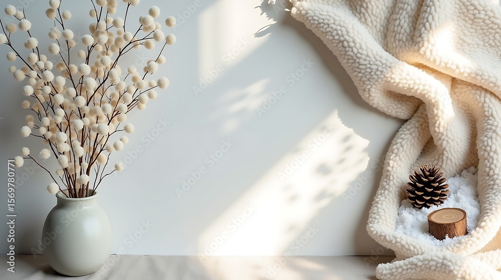 Naklejka premium “Japandi Winter Flatlay – Soft Snowlight & Warm Minimalist Still Life”