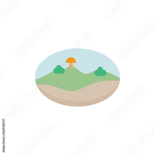 A charming illustration of a mushroom atop a green hill