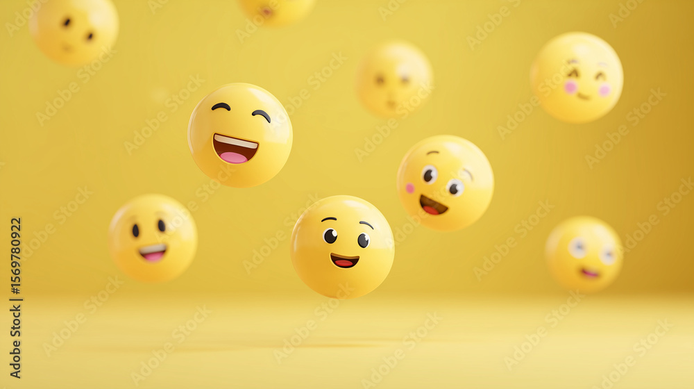 Fototapeta premium Floating 3D Emoji Faces on Bright Yellow Background – Playful and Colorful Social Media Concept with Smileys, Modern Communication Symbols, Joyful Expressions, and Digital Pop Art Style 