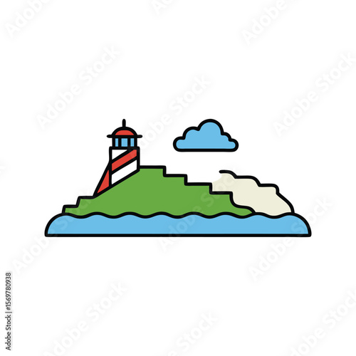 A charming lighthouse sits atop a green island, overlooking a calm sea under a fluffy white cloud