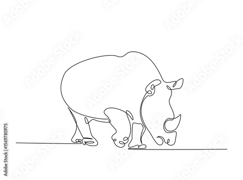 Wild rhinoceros in single outline illustration. Continuous line art drawing of rhino animal.