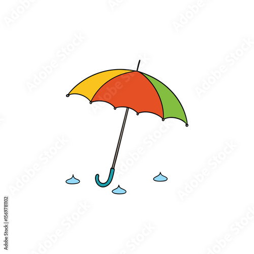 A colorful umbrella stands under a light rain shower