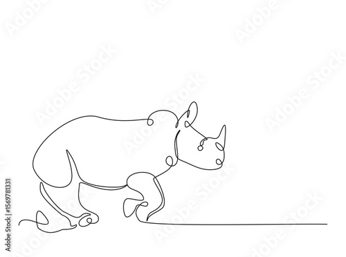 Wild rhinoceros in single outline illustration. Continuous line art drawing of rhino animal.