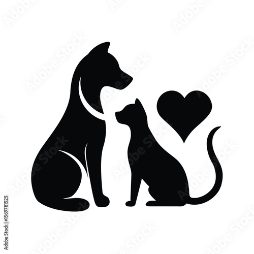 Dog and cat silhouettes with heart representing love for pets and animals together