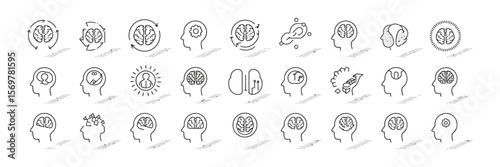 Set of Brain and Head Linear Icons Thinking Process, Idea Generation, Innovation