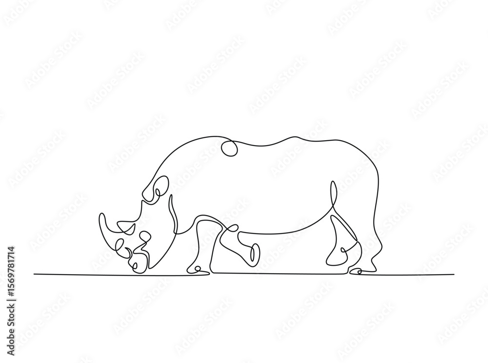 Fototapeta premium Wild rhinoceros in single outline illustration. Continuous line art drawing of rhino animal.