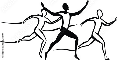 Three stylized black figures running a race dynamic action poses minimalist line art athletic competition speed