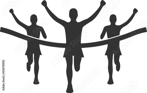 Three Silhouettes of Female Runners Crossing a Finish Line Arms Raised in Victory Dark Gray on White Background