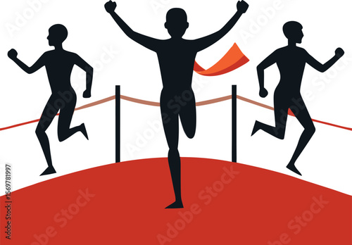 Silhouette Runners Crossing Finish Line Red Background Winning Athlete Orange Ribbon Victory Celebration