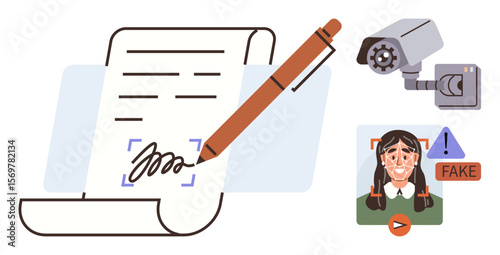 Pen signing paper, CCTV security camera, deepfake alert near altered face. Ideal for security, authentication, fraud, AI, privacy trust digital ethics. Clean simple flat metaphor