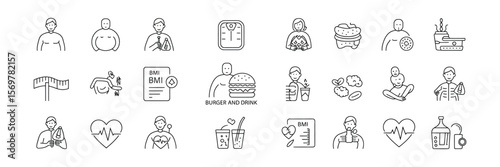 Thin Line Art of Diet and Exercise Icons with Measuring Tape and Body Mass Index