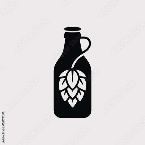 Black silhouette of a beer bottle with a hop cone and stem design