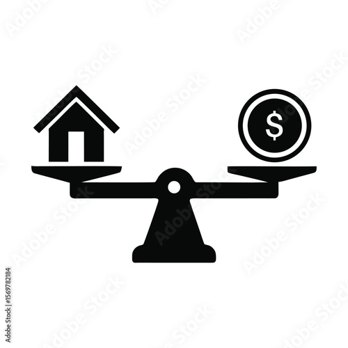 House versus dollar coin on scales balance home