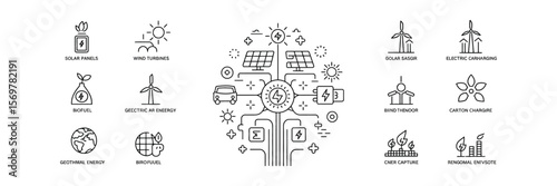 Thin Line Icons Solar Panels, Wind Turbines, Biofuel, Geothermal Energy, and more