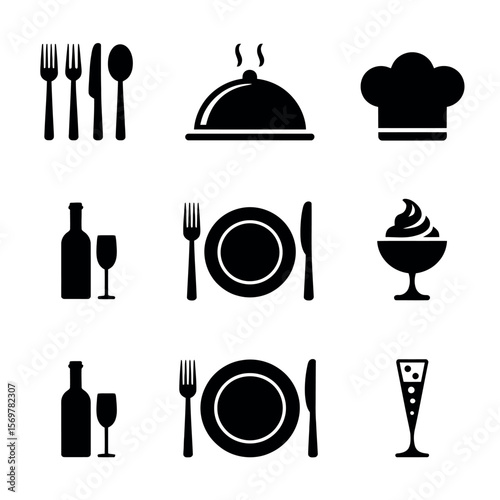 A versatile vector set for restaurant menu design featuring essential kitchen and food icons like chef utensils, coffee cups, and wine glasses