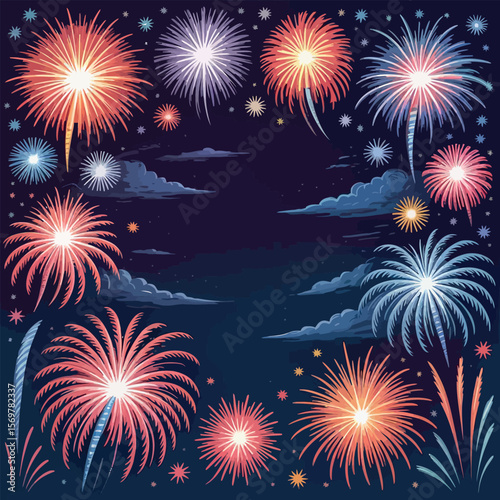 Vibrant pyrotechnics explode across the night sky, creating a colorful celebration of light for any festive event
