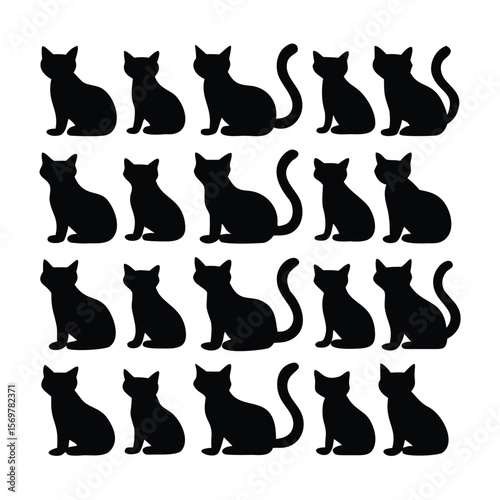 A pattern of black cat silhouettes arranged in rows on a pure white background