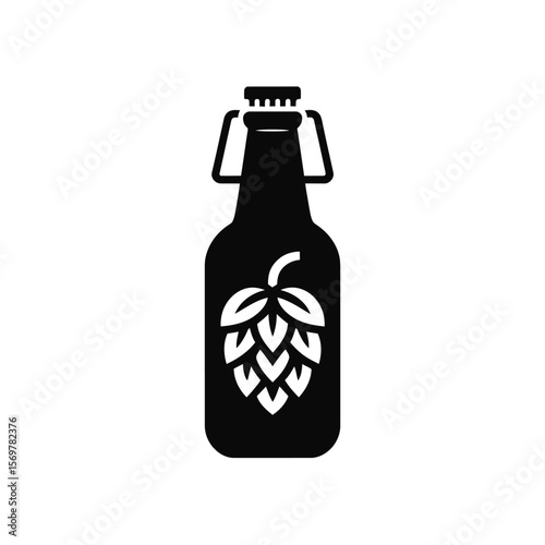 Black silhouette of a beer bottle with a hop icon and swing top lid