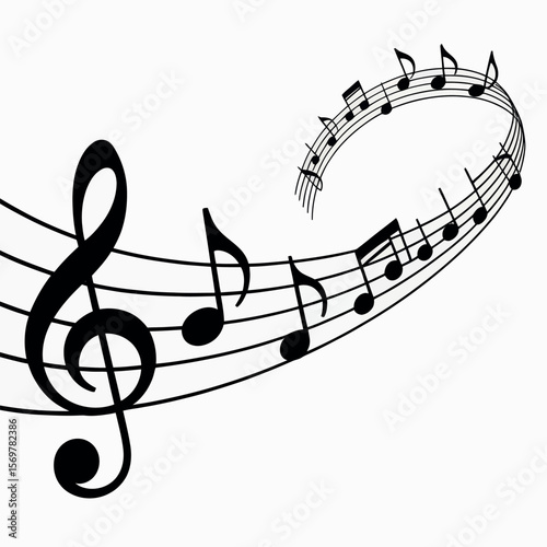 Black musical notes and clefs on a white background illustrate a symphony of sound