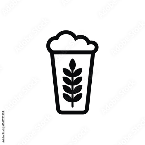 Simple black line icon of a beer glass with a wheat stalk and foam