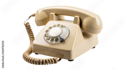 Retro beige phone handset isolated on transparent background, representing old-fashioned communication