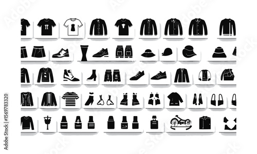 A collection of flat vector icons represents different concepts related to fashion and clothing, such as t-shirts, dresses, hats, jackets, shoes,  easily editable.