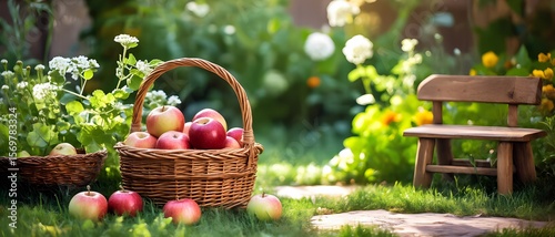 Fresh red apples in big wicker basket on the ground in garden next to small wooden bench in sunny August day.