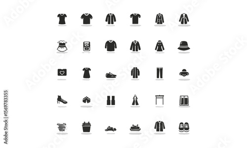 A collection of flat vector icons represents different concepts related to fashion and clothing, such as t-shirts, dresses, hats, jackets, shoes,  easily editable.
