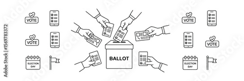 Voting with Hands Casting Ballots in Box, Election Day Calendar and Vote Icons Black Line