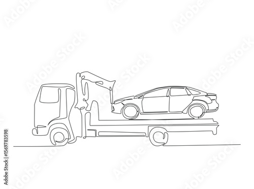 Towed car service in single outline illustration. Continuous line art drawing of evacuation car with tow truck.