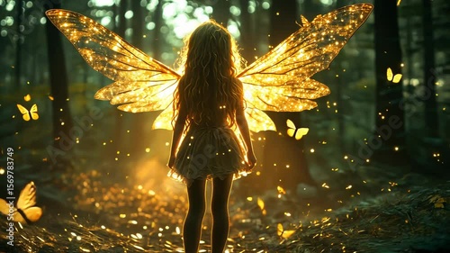 Golden fairy girl with glowing wings in a forest