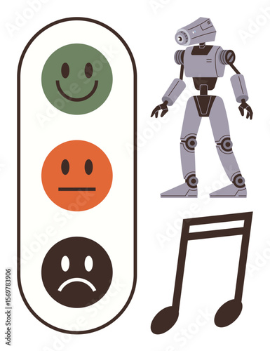 Feedback icons with smiling, neutral, and frowning faces, humanoid robot, and a musical note. Ideal for technology, AI, emotions, feedback evaluation creativity robotics education simple flat