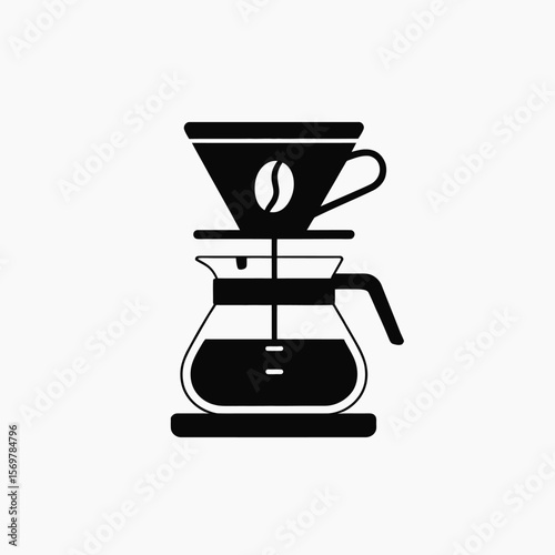 Minimalist black and white illustration of a pour over coffee maker with coffee bean