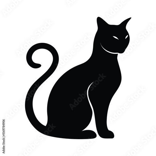 Elegant black cat silhouette sitting upright on a white isolated background simple minimalist design