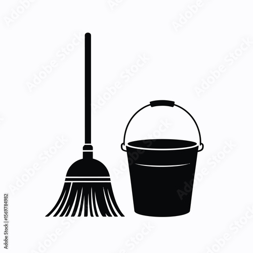 Black silhouette of a broom and a bucket on a white background for cleaning