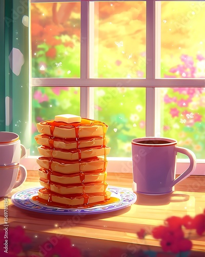 Morning Pancakes with Maple Syrup, Butter, Coffee, and a Floral View