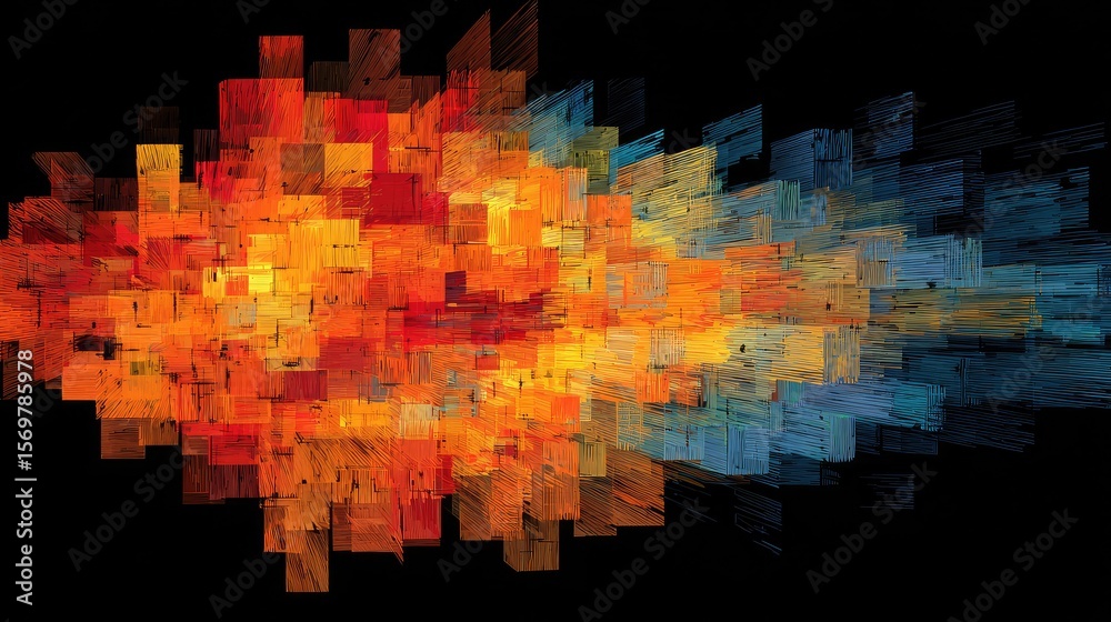 Obraz premium Modern abstract artwork featuring vibrant cubes, lines, and gradients exploding outward on a black background
