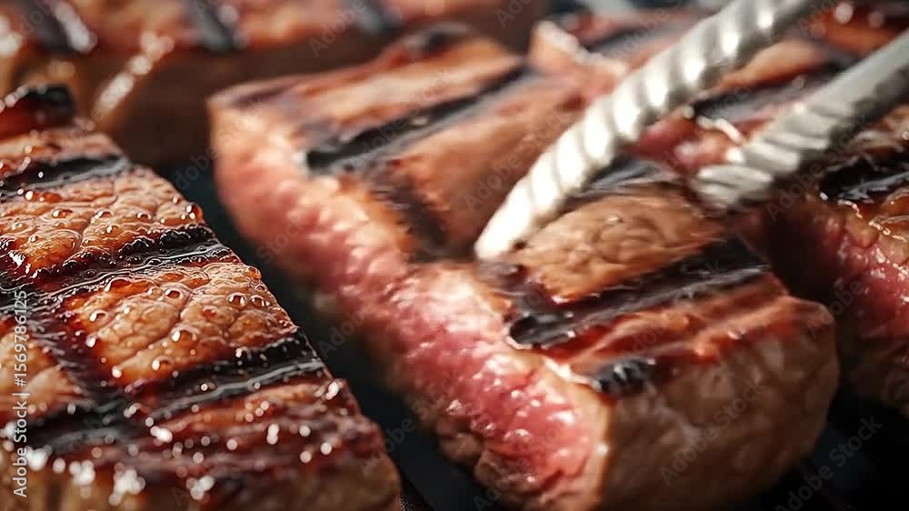 Close-up of beef steak slices being grilled, caramelized crust and juicy texture