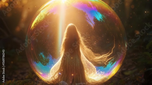 A serene scene depicting a figure with long hair sitting inside a giant bubble, illuminated by a warm ray of light. The background features a magical forest atmosphere. 3D, 4K.